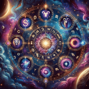 The 12 zodiac signs arranged around a circular wheel with their dates and elements