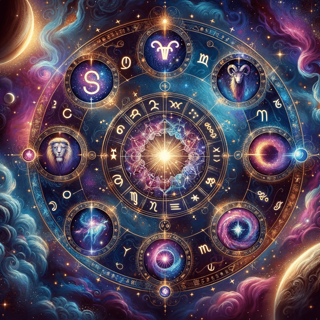 The 12 zodiac signs arranged around a circular wheel with their dates and elements