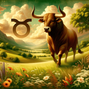 Taurus sign symbol, the Bull, with Venus as ruler and the exalted Moon in an earth-toned zodiac illustration