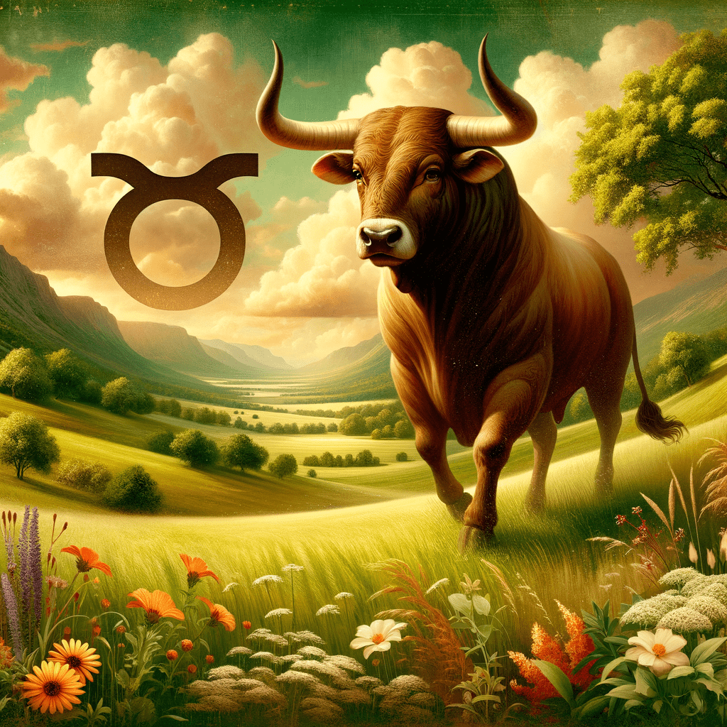 Taurus sign symbol, the Bull, with Venus as ruler and the exalted Moon in an earth-toned zodiac illustration