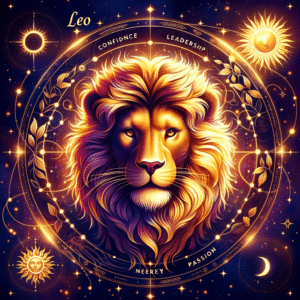 Leo sign symbol, the Lion, with the Sun that rules Leo in every Leo birth chart