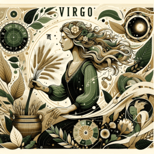 Virgo sign symbol, the Maiden holding wheat, with Mercury as ruling and exalted planet