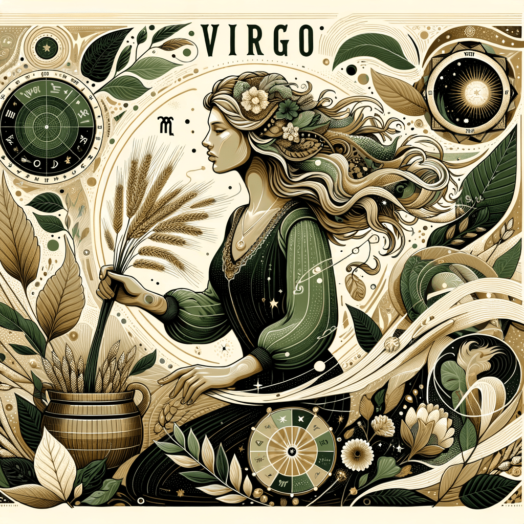 Virgo sign symbol, the Maiden holding wheat, with Mercury as ruling and exalted planet