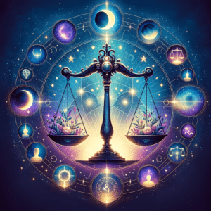 Libra sign scales balanced under a setting sun, the sign where the Sun is in fall and Venus rules by day.
