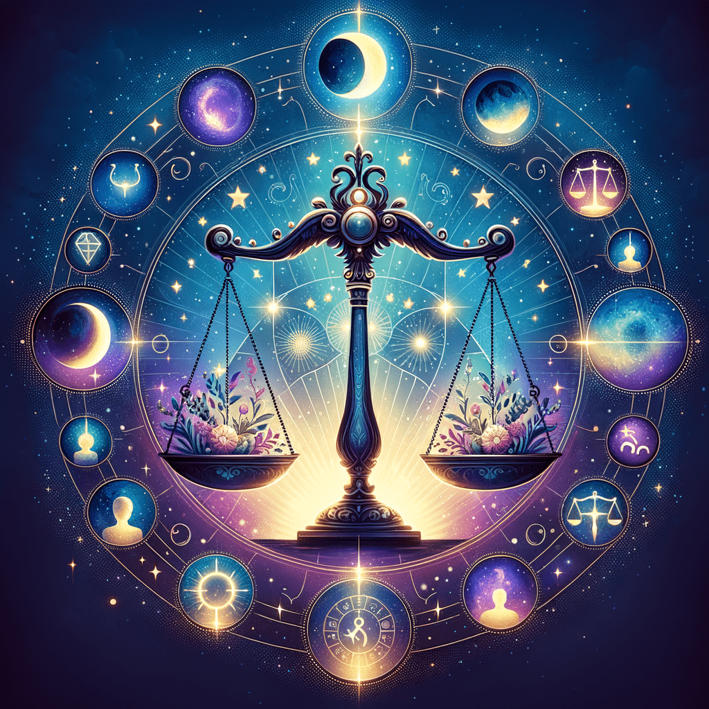 Libra sign scales balanced under a setting sun, the sign where the Sun is in fall and Venus rules by day.