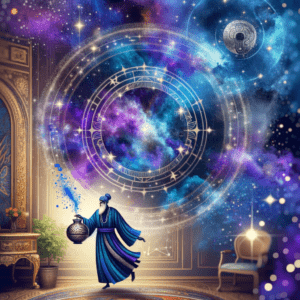 Aquarius sign symbol, the water bearer pouring a jar, on a night sky with Saturn and Uranus