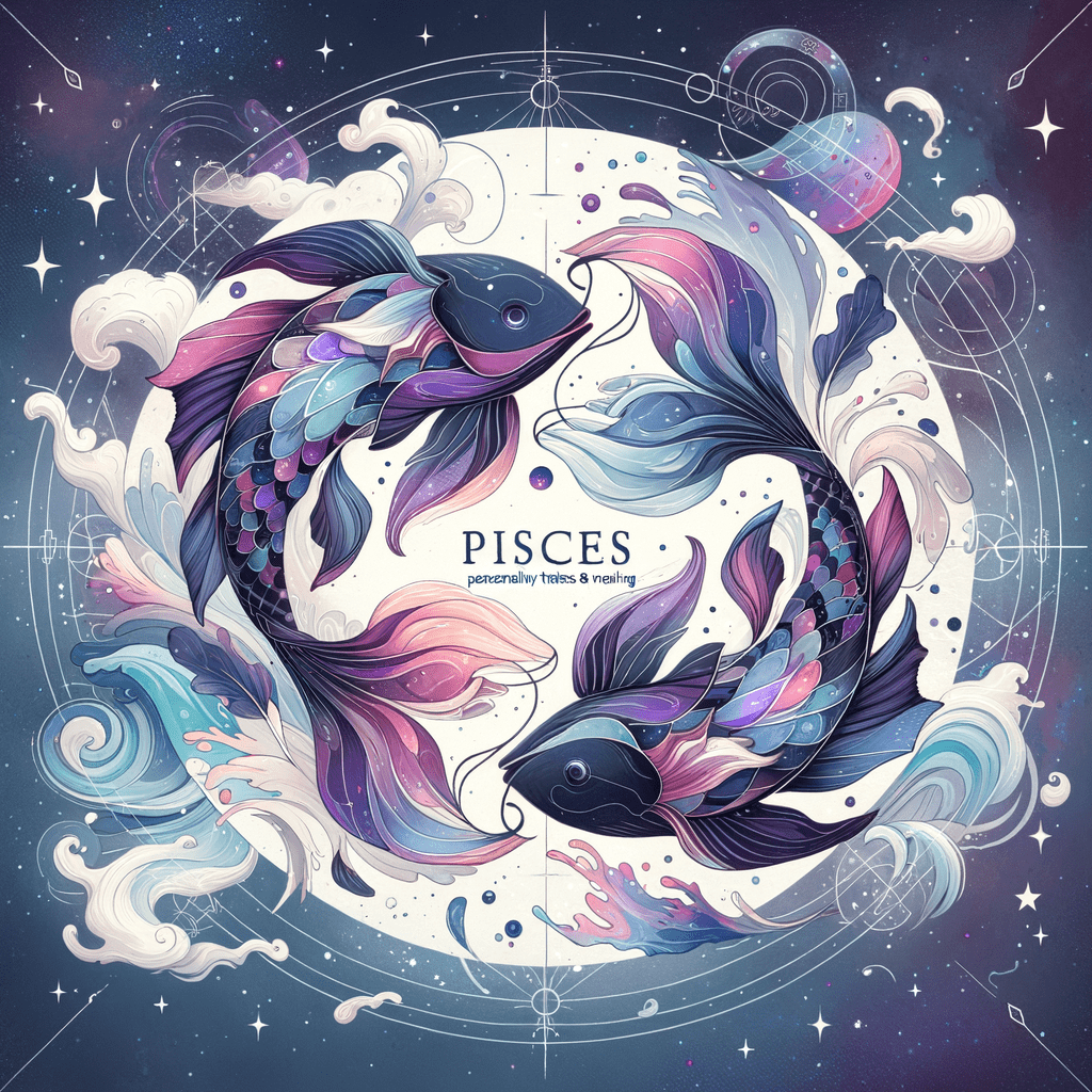 Pisces sign symbol, the two fish tied by a cord, with the dates of Pisces season and its rulers Jupiter and Neptune