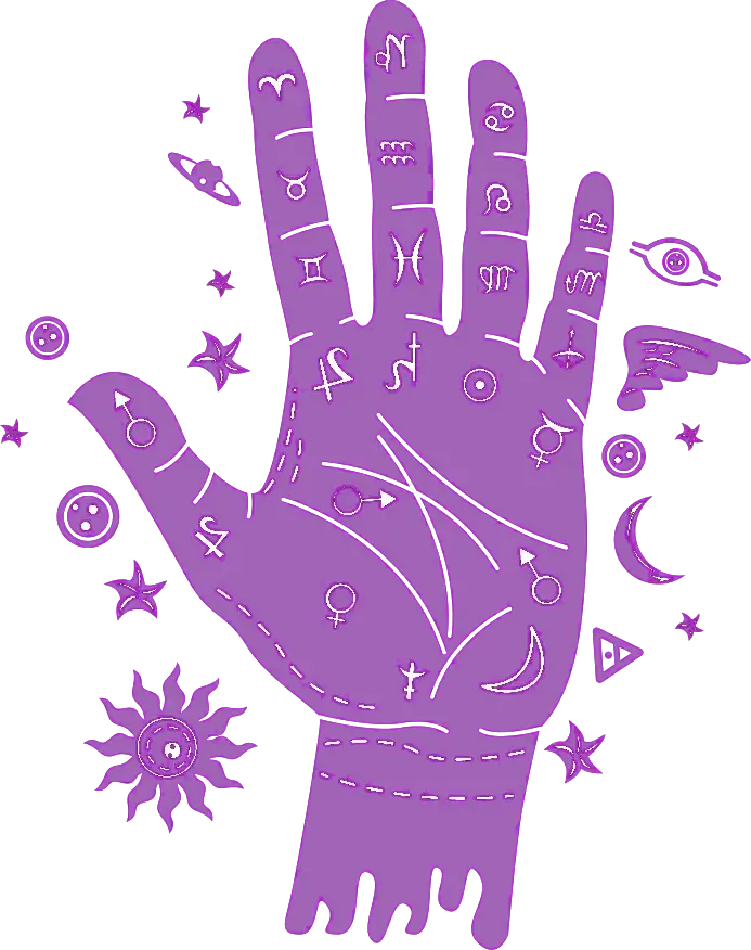 Illustrated palm covered with astrological symbols