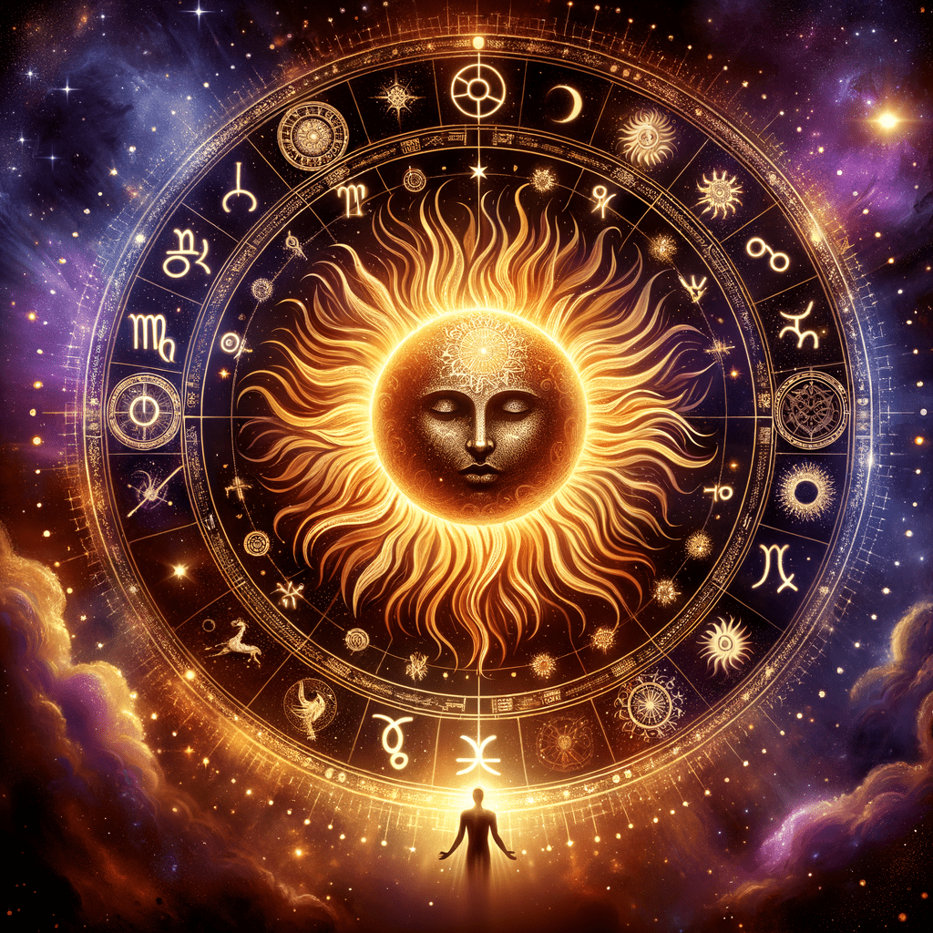 The Sun in astrology: its glyph and golden light over a natal chart wheel