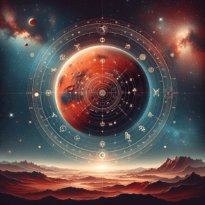 Mars in astrology: the red planet of drive and its glyph over a natal chart wheel