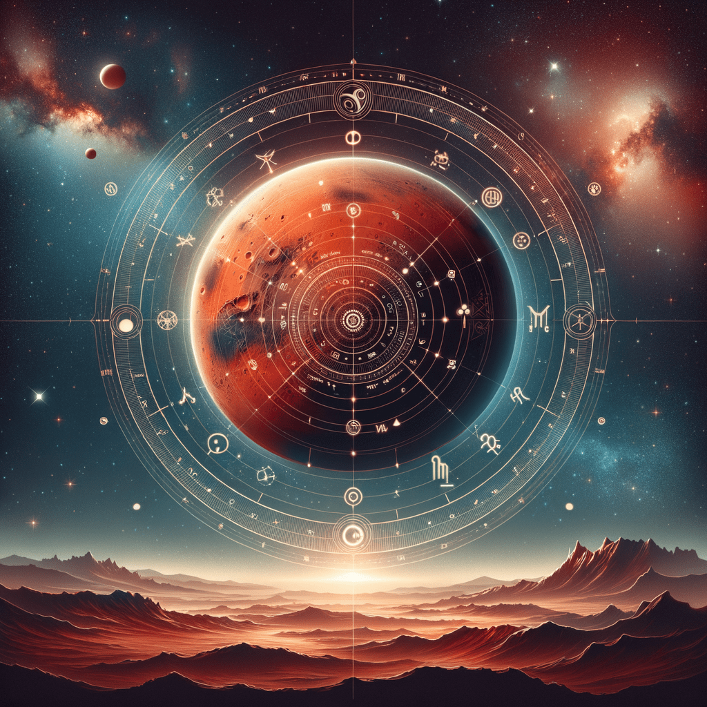 Mars in astrology: the red planet of drive and its glyph over a natal chart wheel