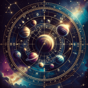 Conjunction in astrology: two planets at the same degree of one zodiac sign, shown on a natal chart wheel