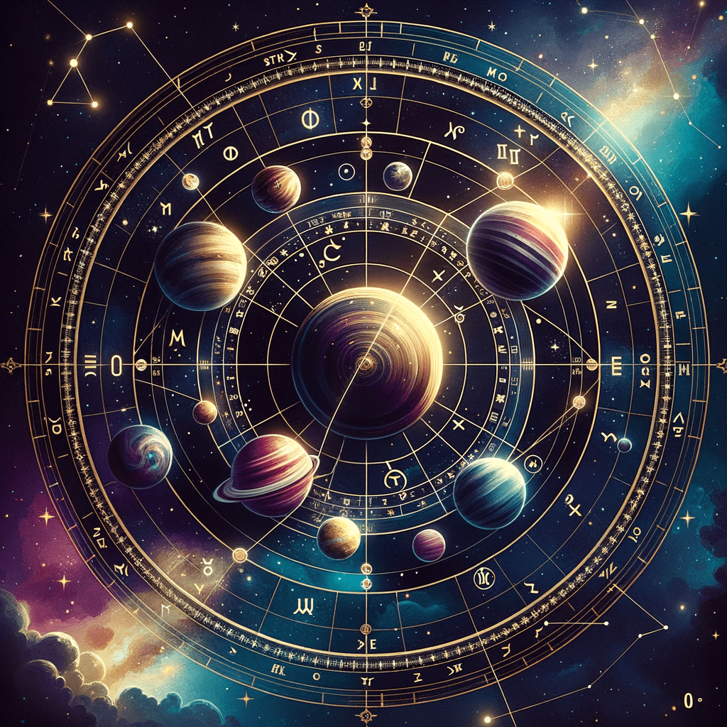 Conjunction in astrology: two planets at the same degree of one zodiac sign, shown on a natal chart wheel