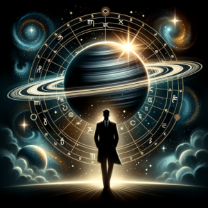 Saturn in the first house of a natal chart, shown beside a rising horizon representing the ascendant and personal image