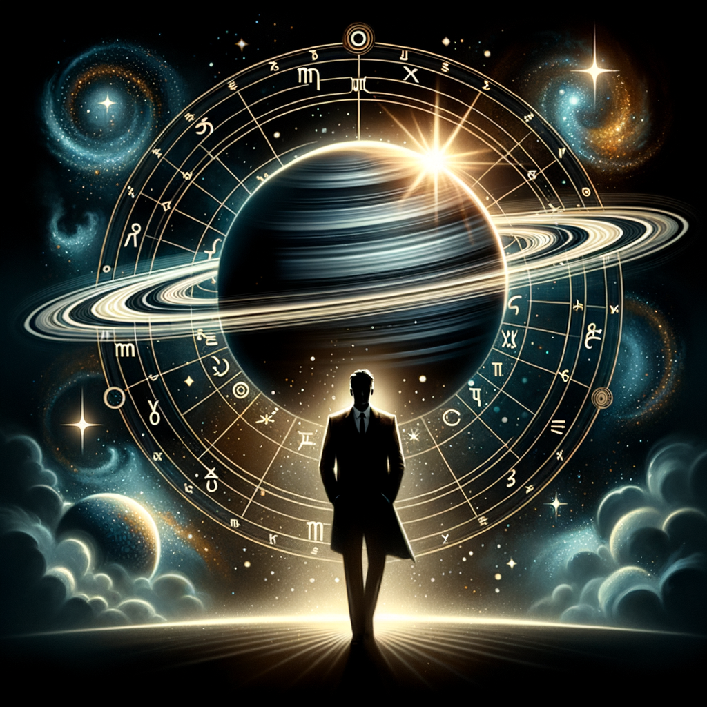 Saturn in the first house of a natal chart, shown beside a rising horizon representing the ascendant and personal image