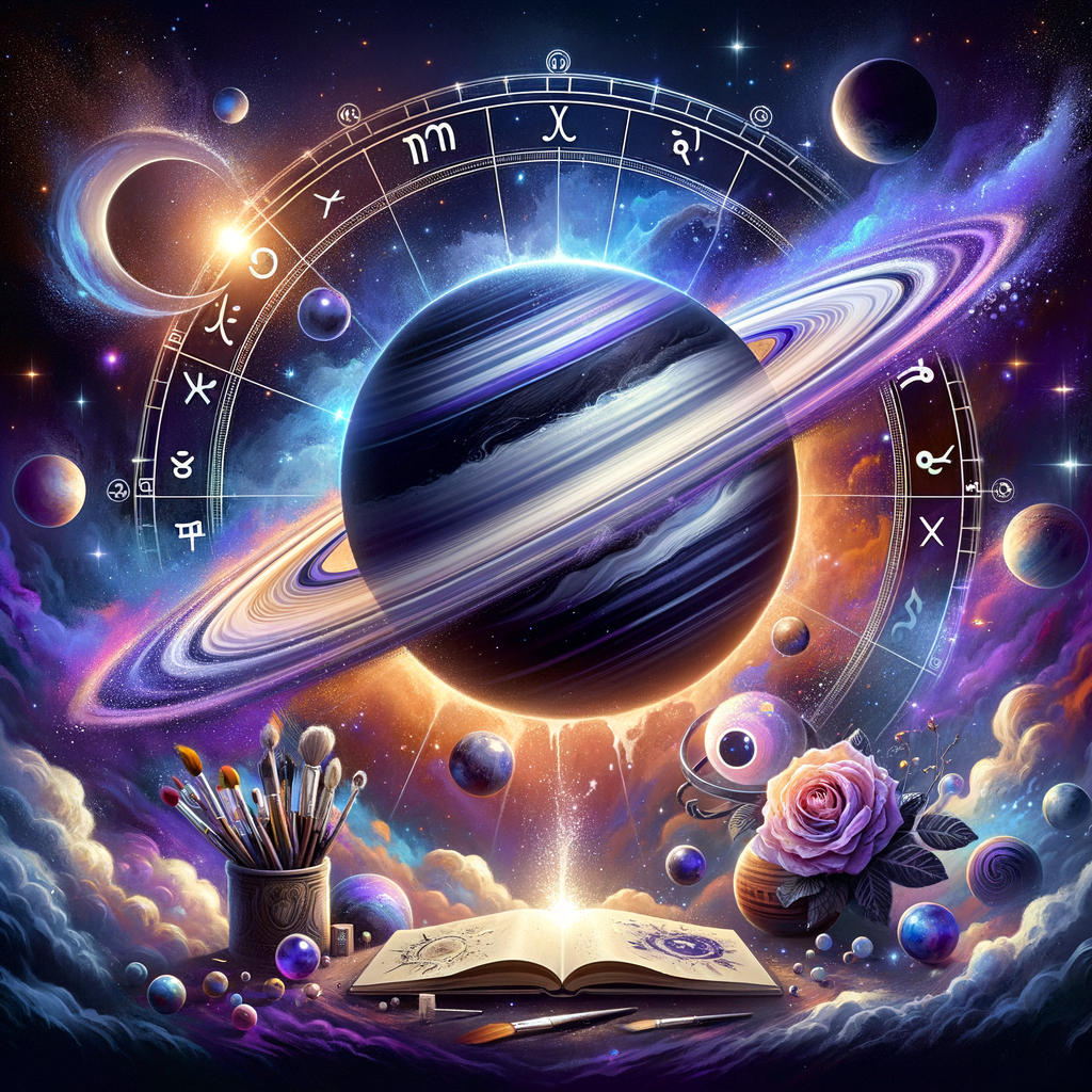 Saturn glyph resting in the fifth house of an astrology birth chart wheel, beside symbols of play and creativity.