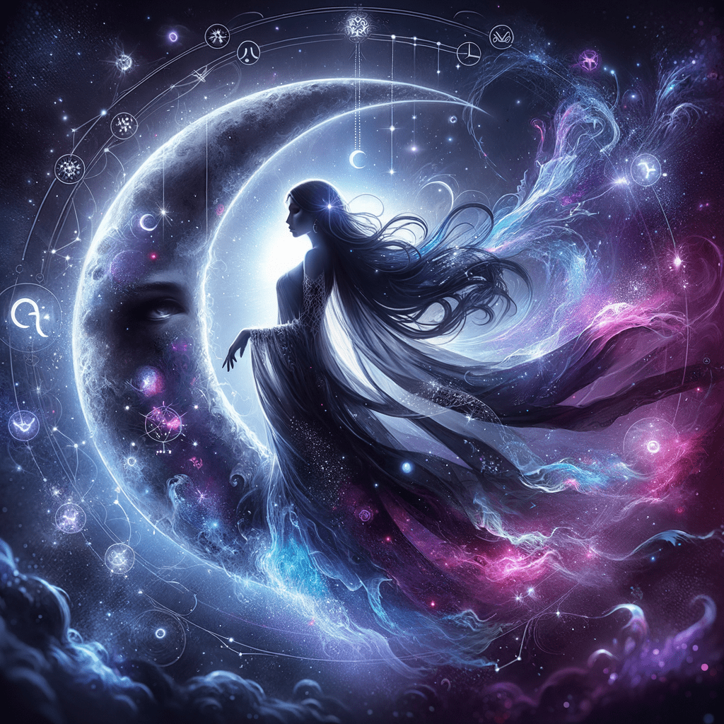 Dark moon with Lilith symbol over Aquarius water-bearer waves, stars and futuristic geometric astrology design.