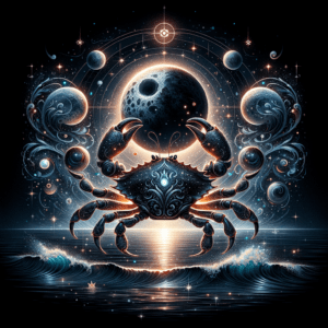 Illustration of Black Moon Lilith symbol near a crescent moon with Cancer crab glyph, dark starry watery background.