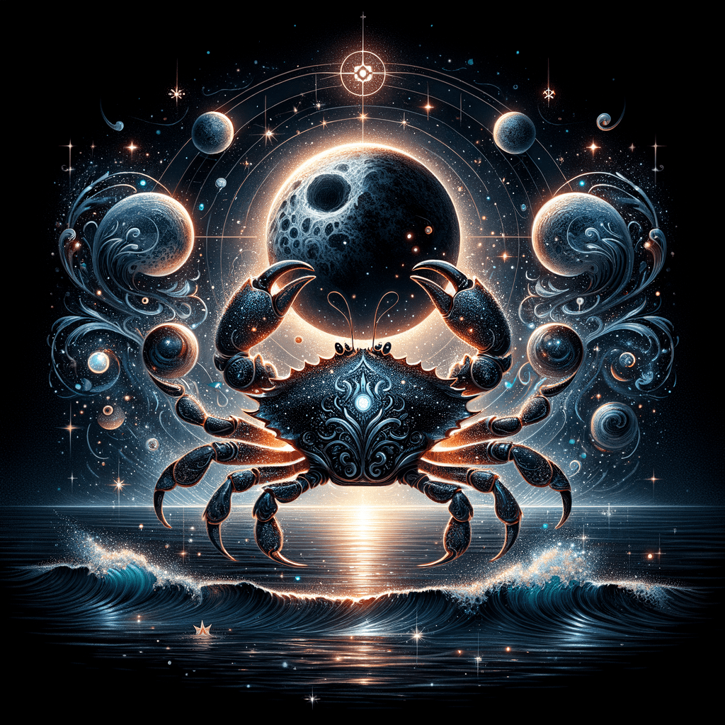 Illustration of Black Moon Lilith symbol near a crescent moon with Cancer crab glyph, dark starry watery background.