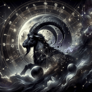 Black Moon Lilith in Capricorn shown as dark crescent beside Capricorn goat glyph over starry purple sky.