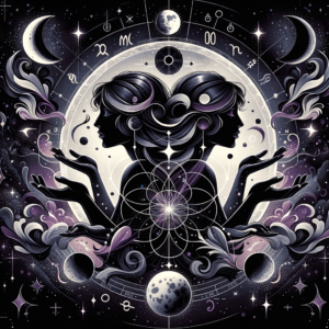 Black Moon Lilith symbol beside Gemini twins glyph over a starry sky, symbolizing duality and communication