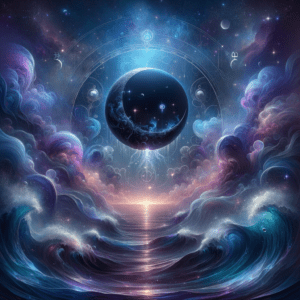 Black Moon Lilith symbol over Pisces zodiac glyph, two fish and moon in a dreamy astrological water scene