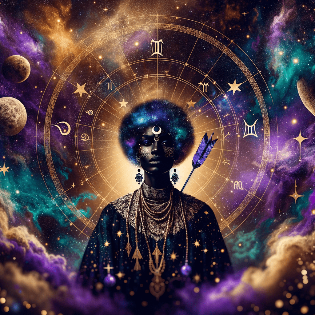Black Moon Lilith symbol hovering over a Sagittarius archer constellation on a starry purple zodiac background