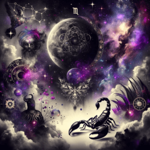 Black Moon Lilith symbol entwined with a Scorpio scorpion and crescent moon on dark, starry background