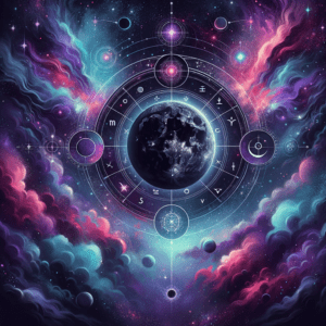 Astrological wheel showing Black Moon Lilith glyph in the highlighted eighth house over a dark cosmic background