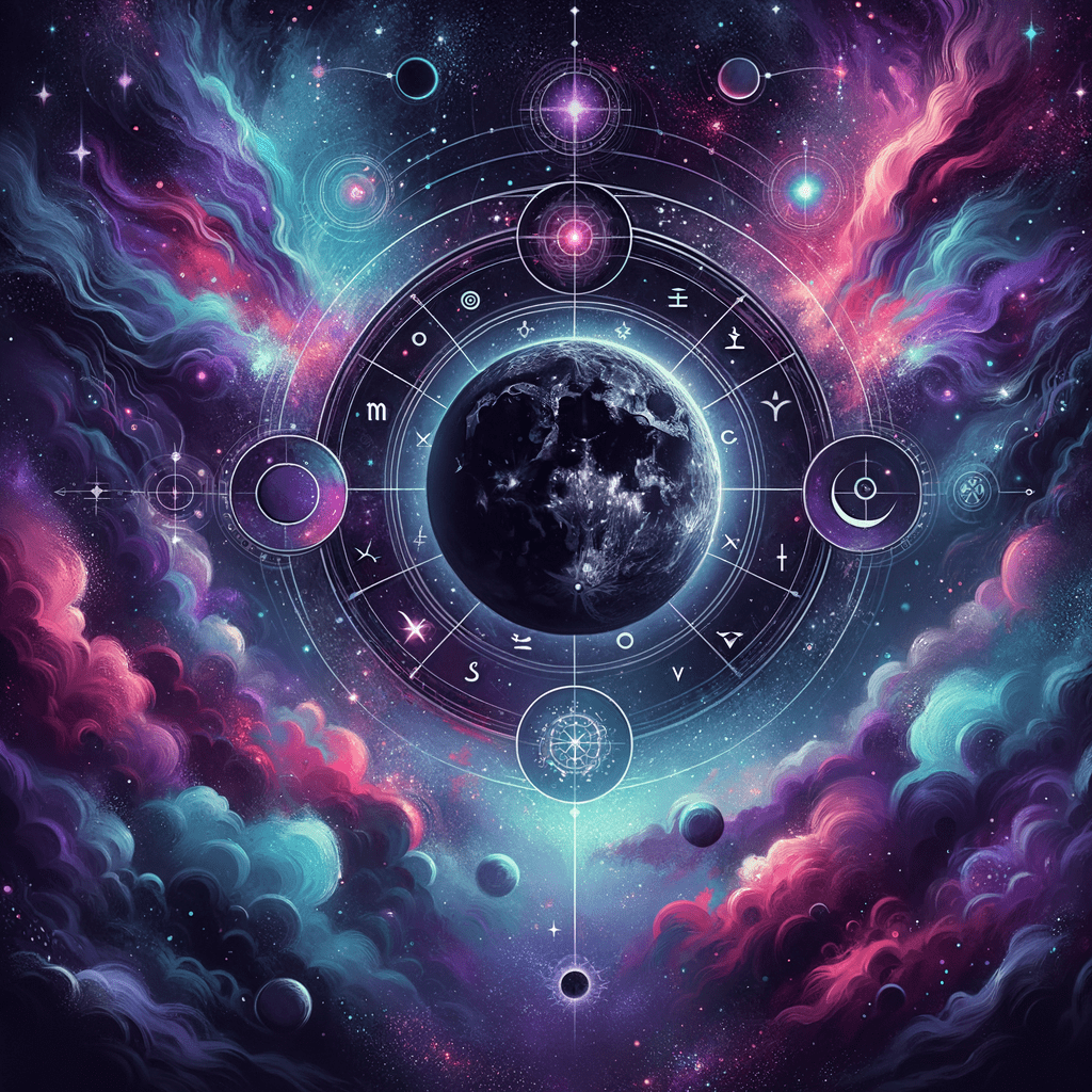 Astrological wheel showing Black Moon Lilith glyph in the highlighted eighth house over a dark cosmic background