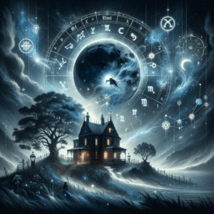 Black Moon Lilith symbol over a house with roots, representing Lilith in the Fourth House