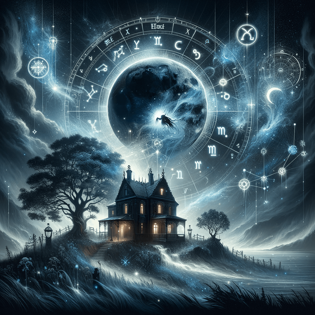 Black Moon Lilith symbol over a house with roots, representing Lilith in the Fourth House