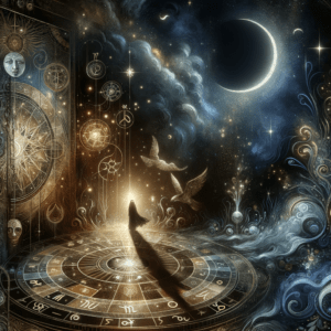Black Moon Lilith glyph overlays a darkened zodiac wheel highlighting the twelfth house, stars and mist