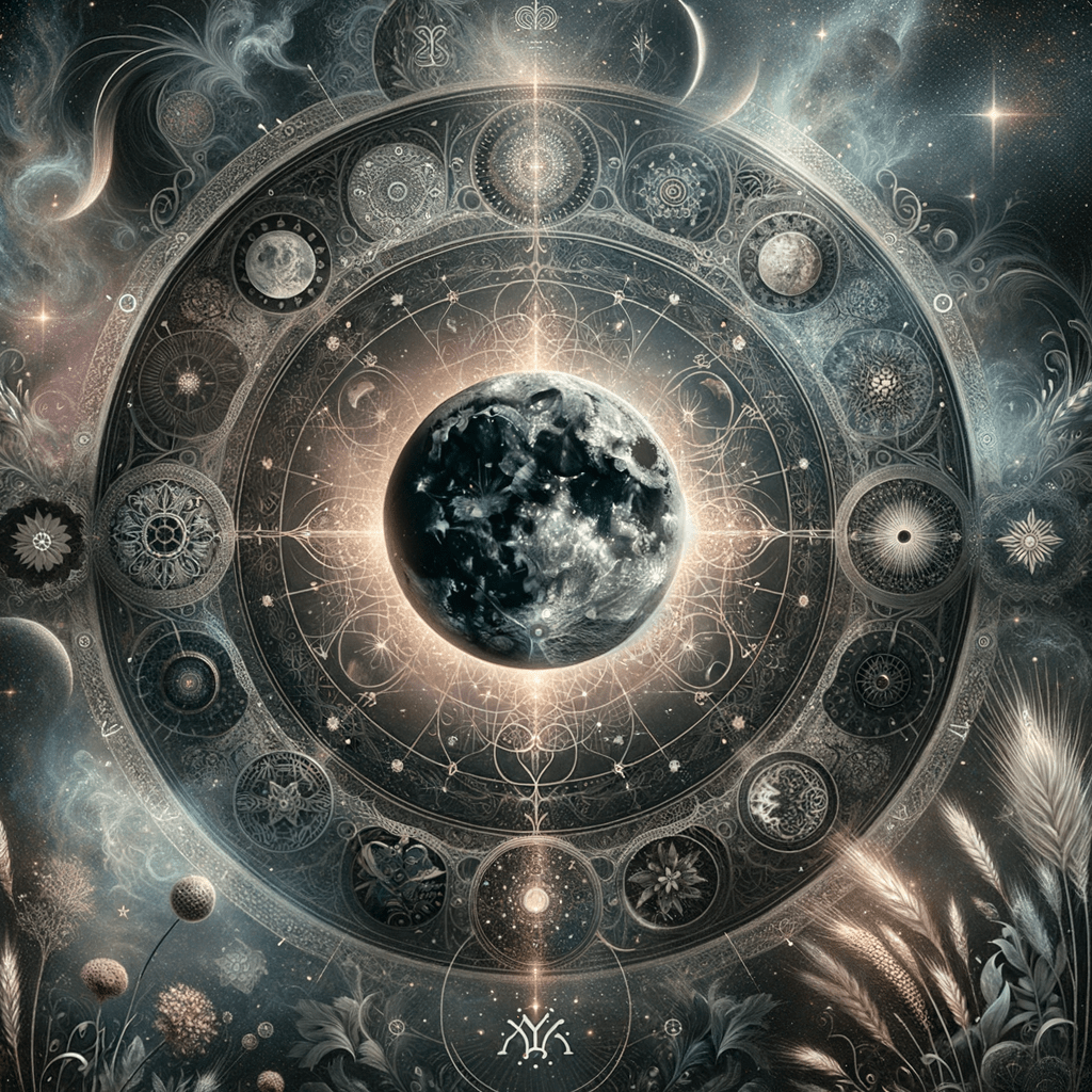 Black Moon Lilith in Virgo: the Lilith symbol beside the Virgo glyph on a dark starry sky, marking the far point of the Moon orbit.