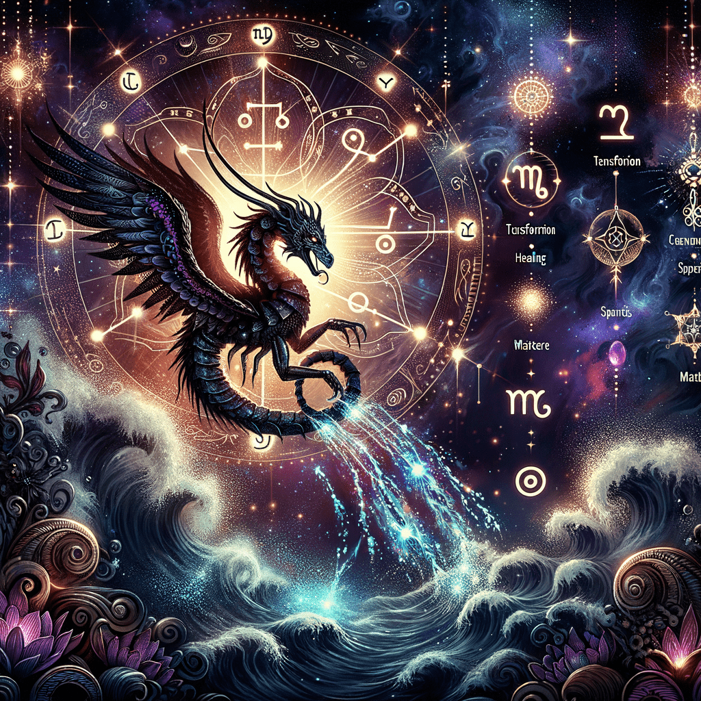 Chiron in Scorpio: the Chiron glyph over a scorpion outline on a starry purple sky, marking a placement that lasts under two years.