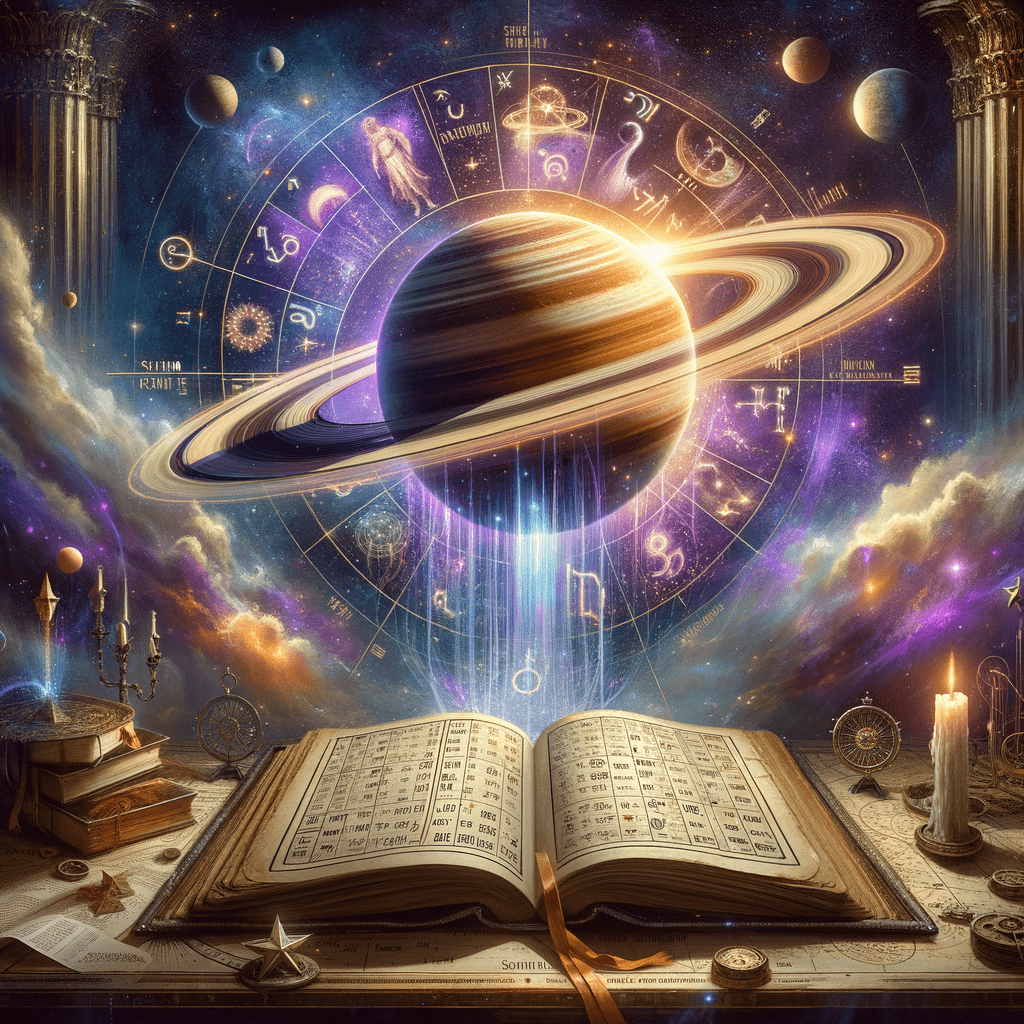 Saturn in the tenth house of a natal chart, shown above a night skyline representing career and public standing