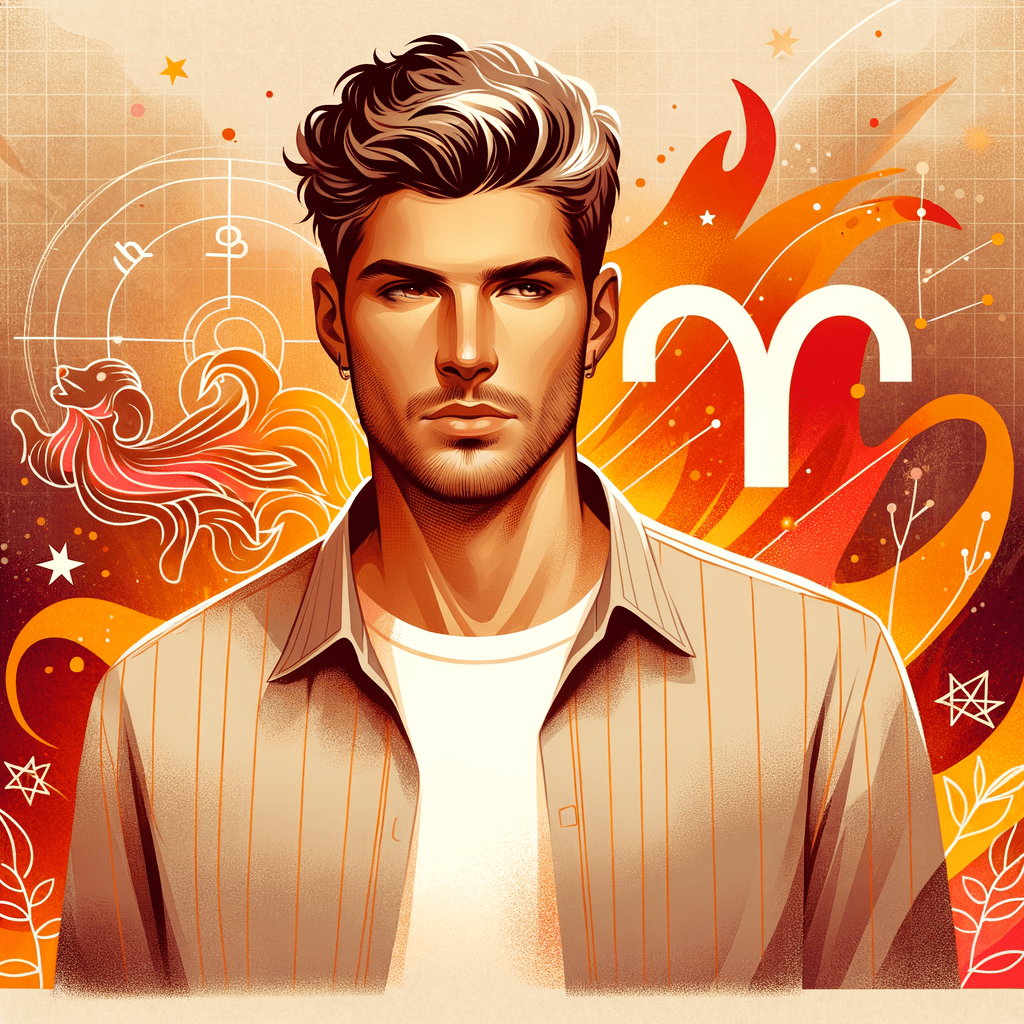 Aries man looking ahead under the Mars symbol, illustrating Aries man traits, love and compatibility