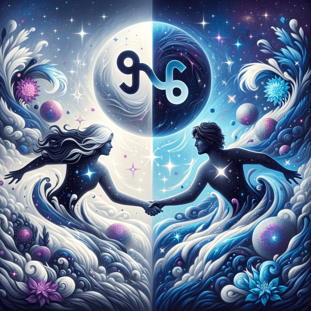 Gemini twins and Aquarius water-bearer icons amid stars and hearts, depicting Gemini and Aquarius compatibility.