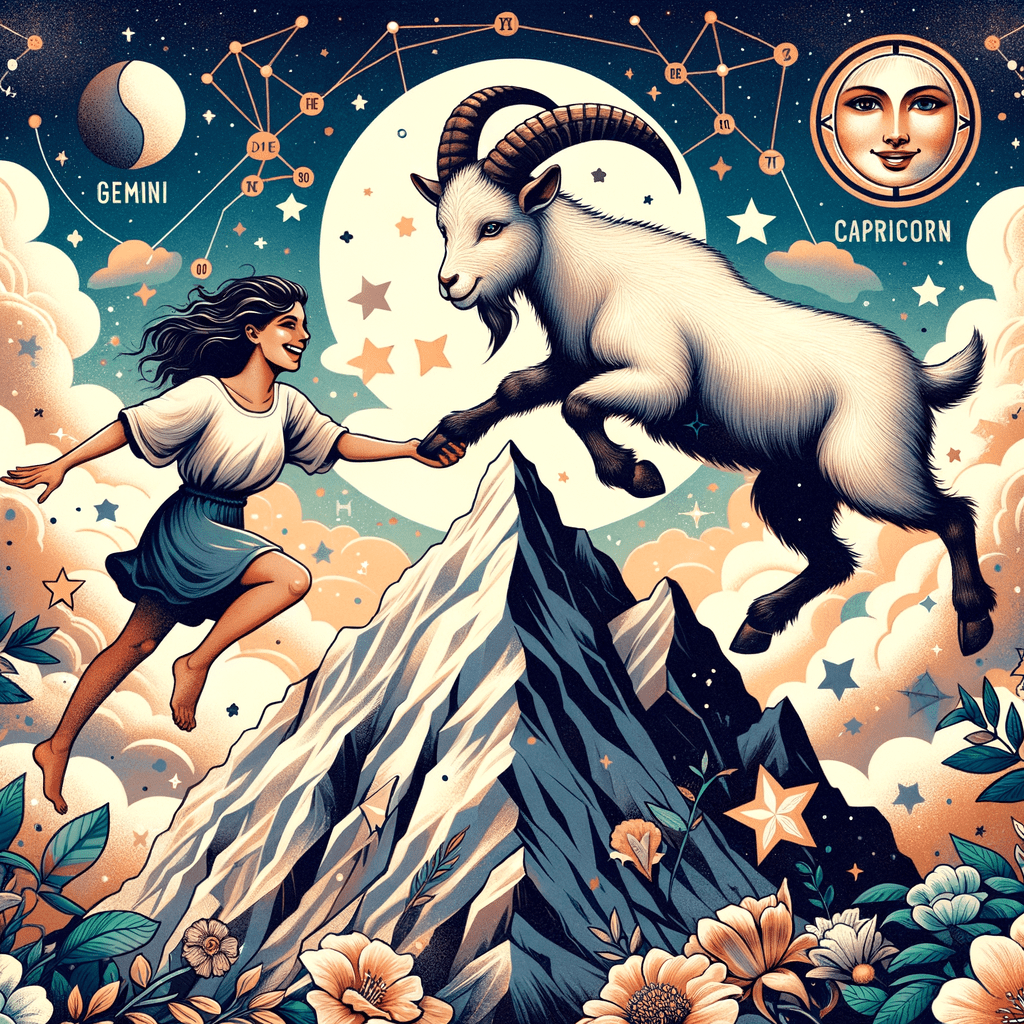 Gemini twins icon and Capricorn sea-goat icon facing each other over a heart, symbolizing compatibility.