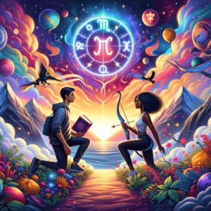 Gemini and Sagittarius zodiac symbols facing each other with speech bubbles, a compass, and a glowing heart.