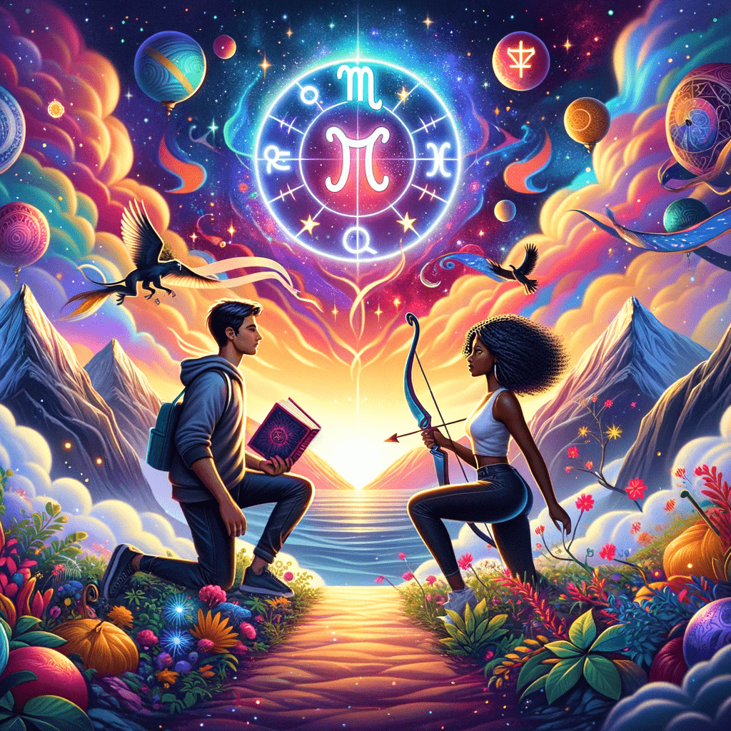 Gemini and Sagittarius zodiac symbols facing each other with speech bubbles, a compass, and a glowing heart.