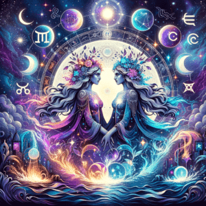 Moon overlaid with Gemini and Aquarius zodiac symbols linked by stars on a blue cosmic background.