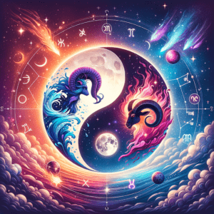 Moon with Pisces fish and Aries ram icons in blue and red, evoking emotional (Pisces) and fiery (Aries) compatibility