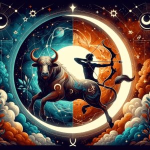 Header image for moon sign compatibility showing Taurus bull and Sagittarius archer symbols with a crescent moon