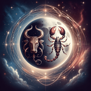 Moon over a Taurus bull and Scorpio scorpion symbols facing each other, representing Taurus and Scorpio compatibility guide.