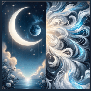 A crescent moon over calm water and white flowers beside swirling white and blue air currents, for Virgo Moon and Aquarius Moon compatibility.