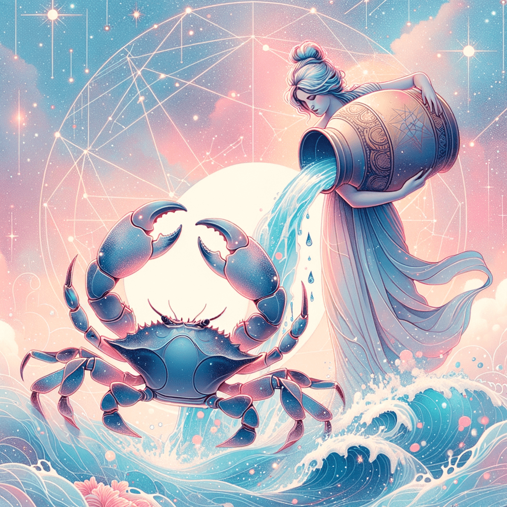 Cancer crab and Aquarius water-bearer facing each other beneath sun and stars, symbolizing Cancer and Aquarius compatibility