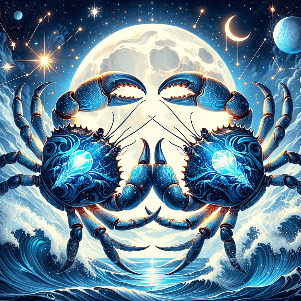 Two Cancer crab zodiac symbols facing each other with moon and water motifs, representing Cancer and Cancer compatibility.
