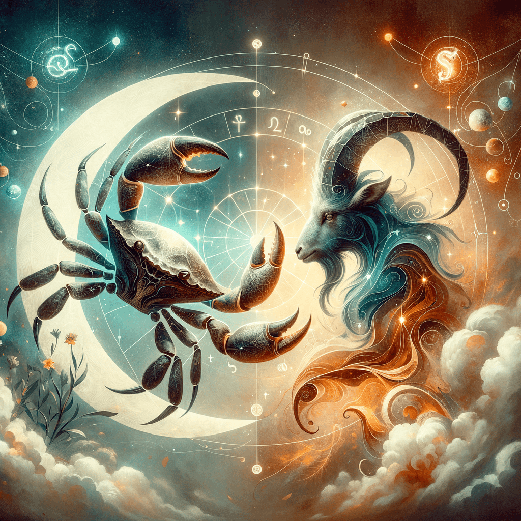 Graphic of Cancer crab and Capricorn sea-goat zodiac symbols side by side with title 'Sun Sign Compatibility'