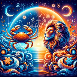 Cancer crab and Leo lion zodiac symbols facing each other, illustrating Cancer and Leo compatibility.
